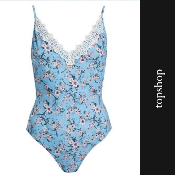 🏝️ Topshop Floral One Piece Swimsuit in Baby Blue • 10 - Picture 1 of 4